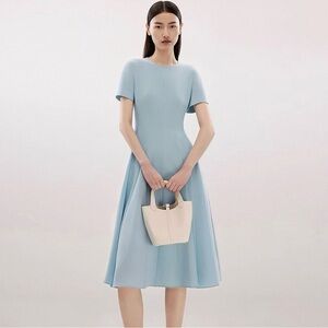 Light Blue Triacetate Short-Sleeve Midi Fit-and-Flare Dress